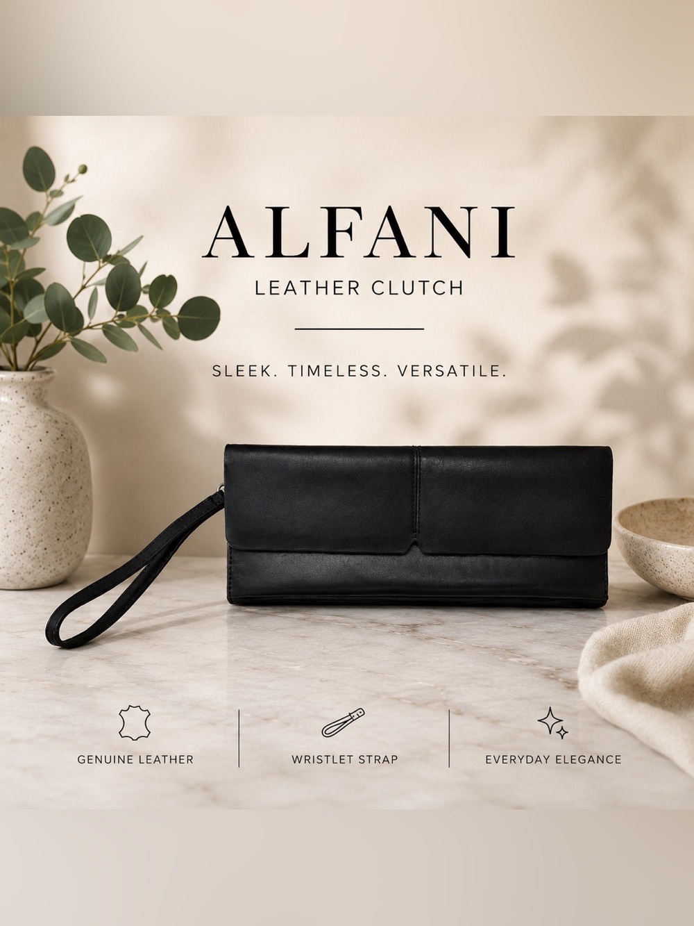 Alfani Vintage Black Leather Clutch Wristlet 90’s Y2K Minimalist Pockets Evening